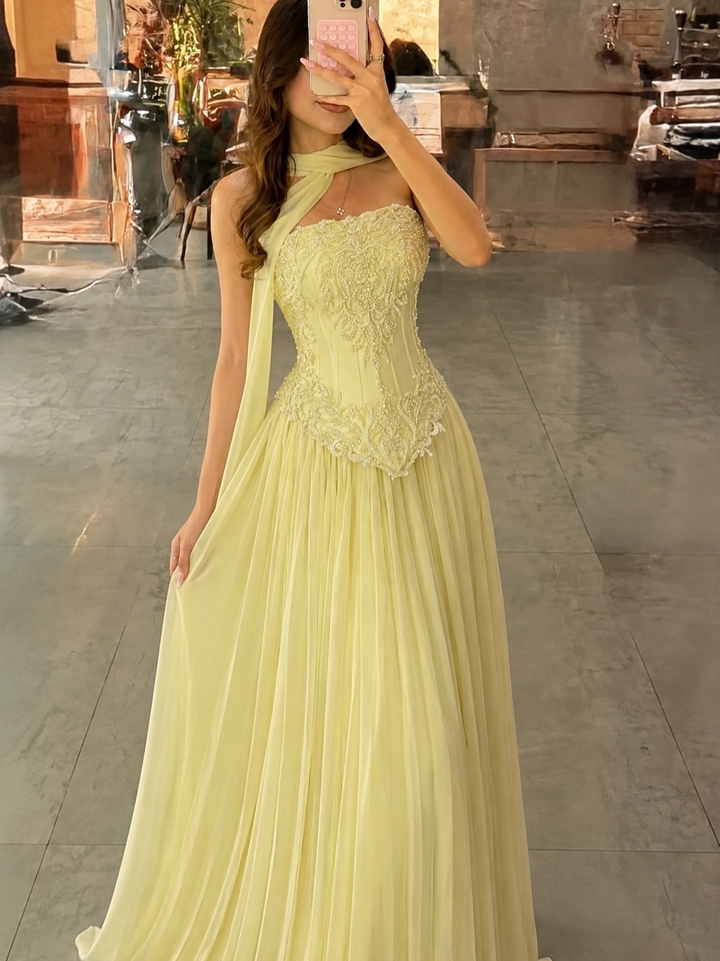 Embroidery Yellow Dress - Abito da Sera Personalizzato Sexy in