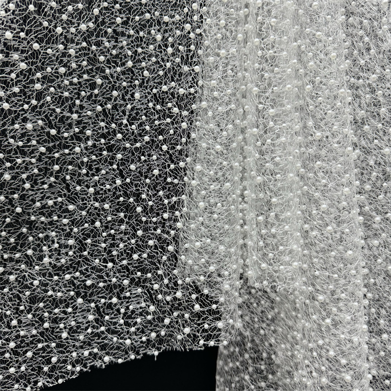Embroidery Beads - Tessuto in pizzo bianco con motivo